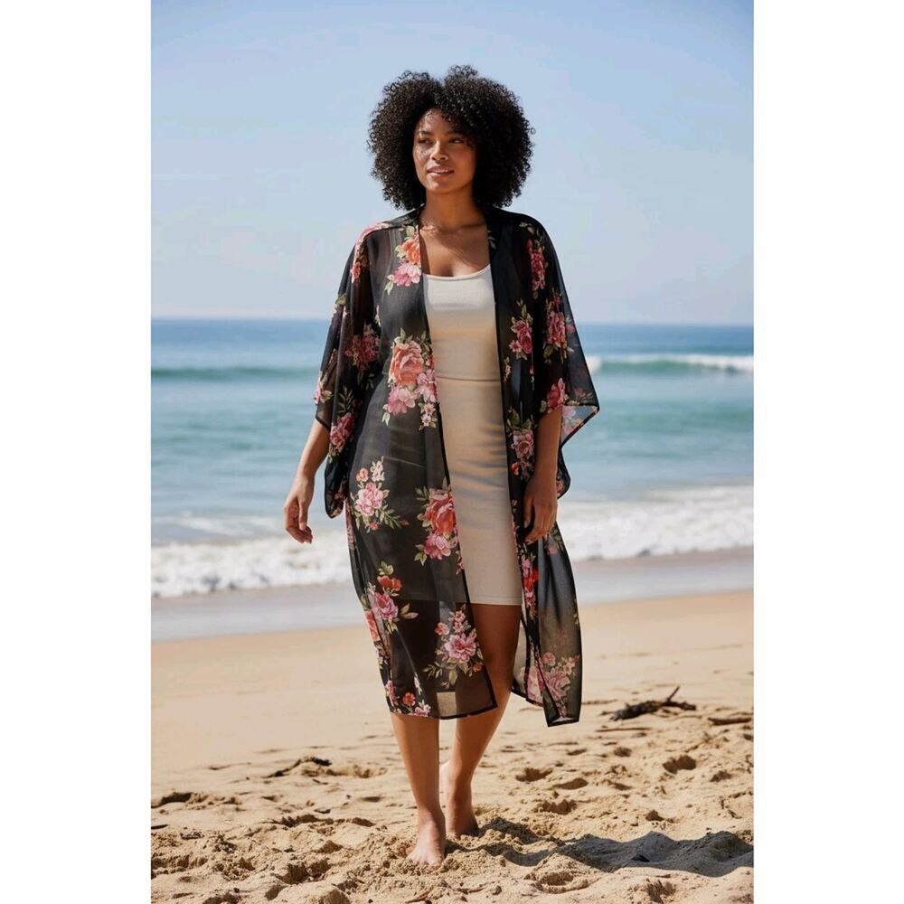 Kimono Floral COVERUP Sz 2X Gypsy Rose Black Resort Vacation Sheer Boho